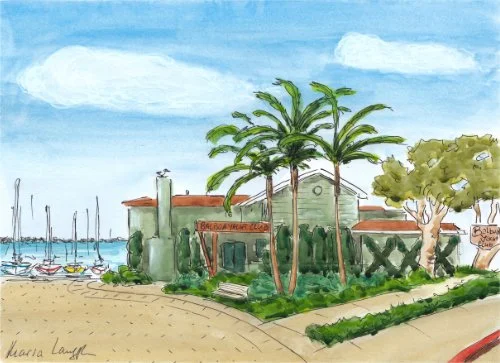 A watercolor painting of a building with palm trees in front, a sidewalk, and a marina with sailboats and a blue sky in the background.