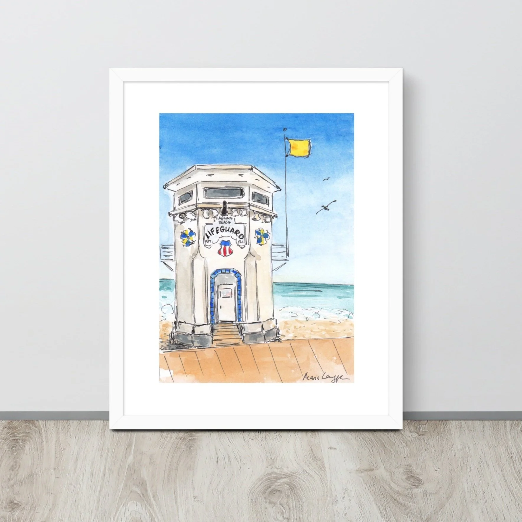 A watercolor painting of a lifeguard tower on the beach with the ocean in the background, a blue sky, and some clouds and seagulls.