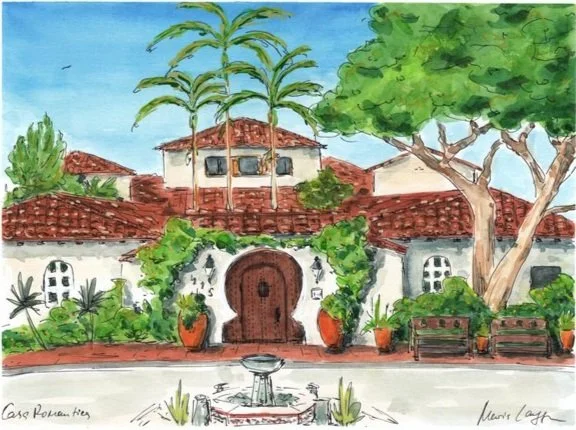 Watercolor painting of a Mediterranean-style house with red-tiled roof, surrounded by lush greenery, trees, potted plants, benches, and a fountain in the courtyard.