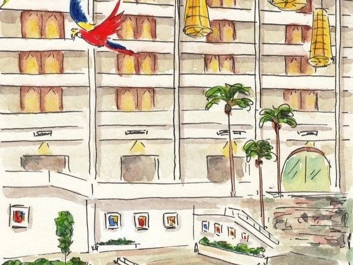 A watercolor painting of the interior of a building with indoor plants, a colorful parrot flying in the upper left corner, several framed pictures on the wall, and a glass window or door on the right side.