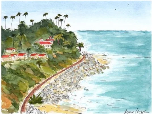 Watercolor painting of a coastal hillside with trees and houses overlooking the ocean, with a rocky shoreline and a curved road along the coast.