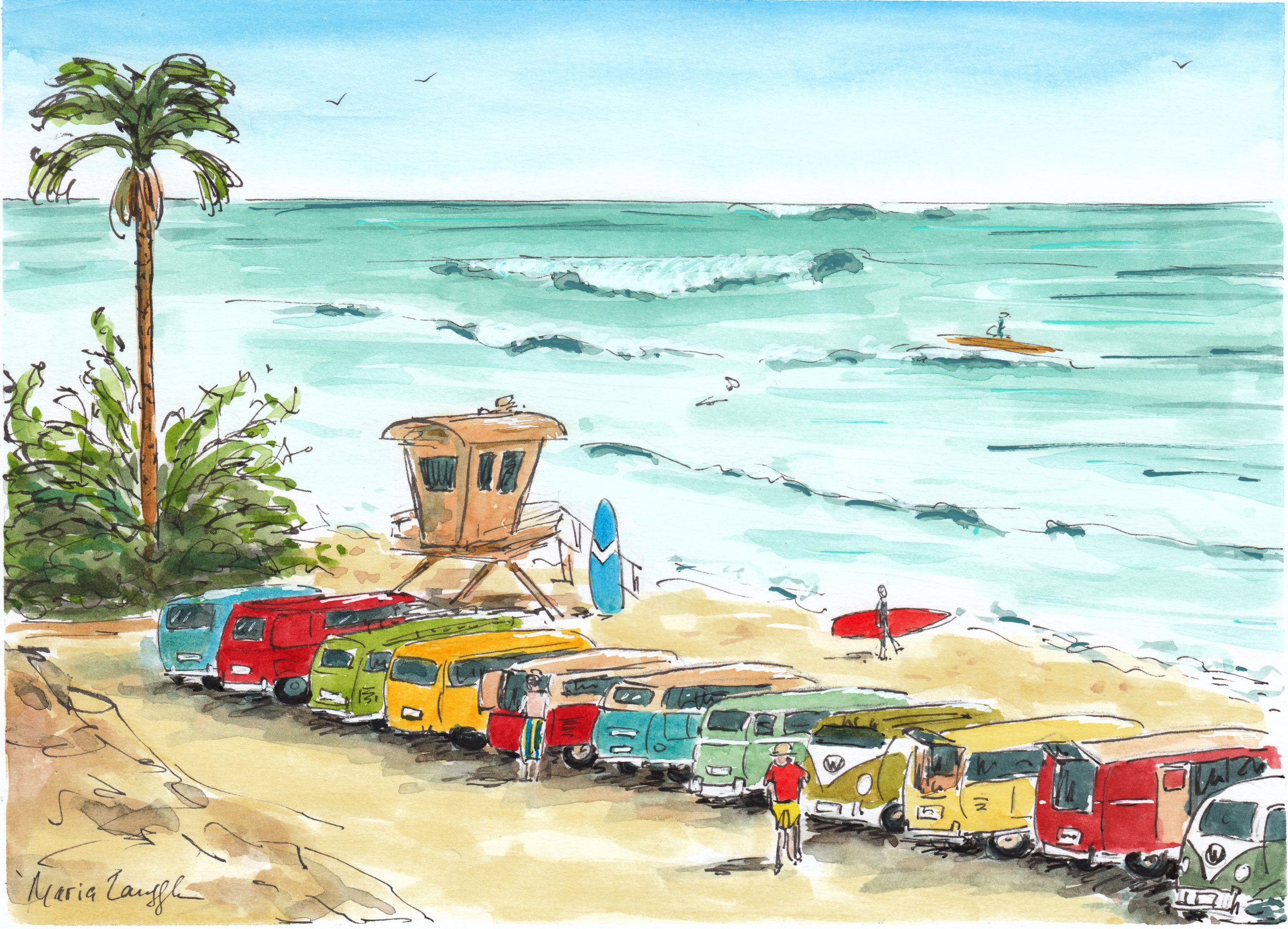 Colorful watercolor painting of a beach scene with a line of vintage camper vans parked on sandy shore, a lifeguard tower, a surfboard, palm trees, and a lone surfer in the Ocean with small waves, a clear blue sky, and seagulls flying overhead.