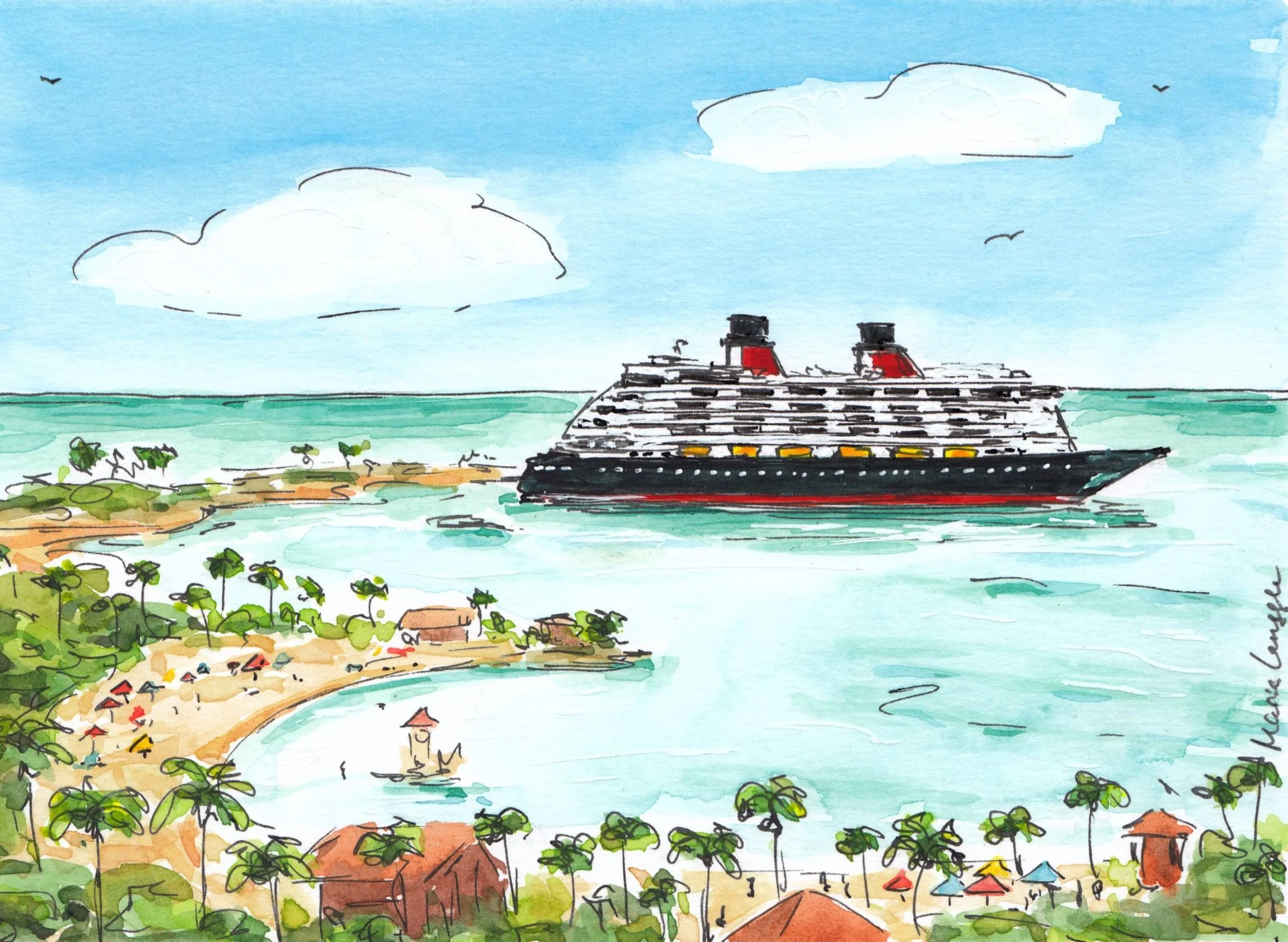 A watercolor painting of a cruise ship near a tropical beach with palm trees, umbrellas, and small buildings, under a blue sky with clouds and birds.