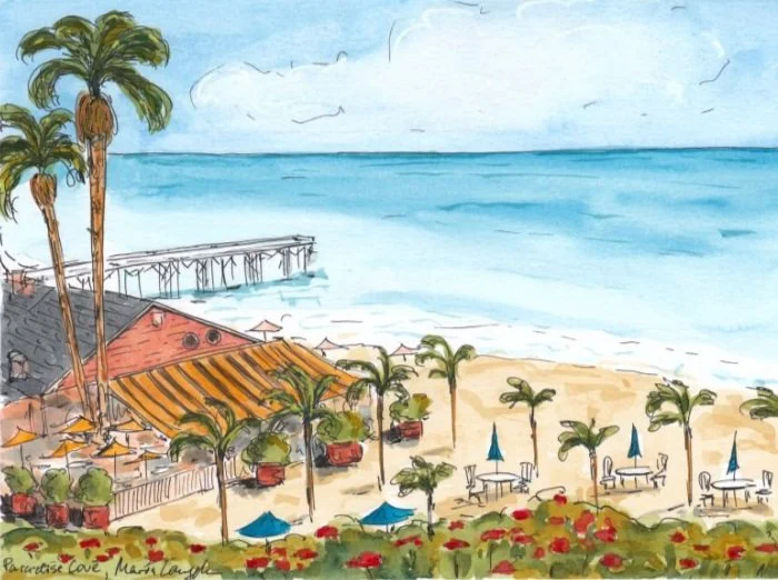 Beach scene with palm trees, a pier, a red-roofed building, and umbrellas on the sand overlooking the ocean