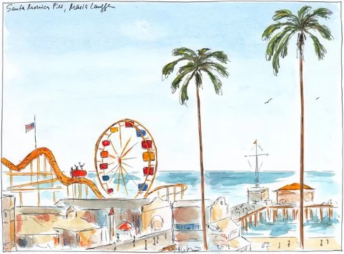 Watercolor illustration of Santa Monica Pier with a Ferris wheel, roller coaster, palm trees, beach, and ocean in the background.