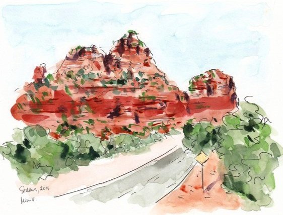 Watercolor painting of red rock formations with green bushes and a gray path or road in the foreground.