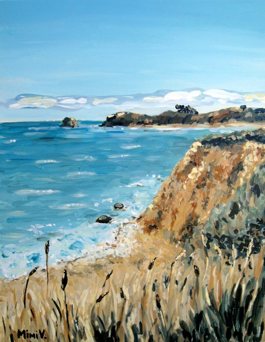 A painting of a coastal scene with blue ocean waves hitting a rocky shoreline, with brown and beige rocks and dry grass in the foreground, and a partly cloudy sky in the background.