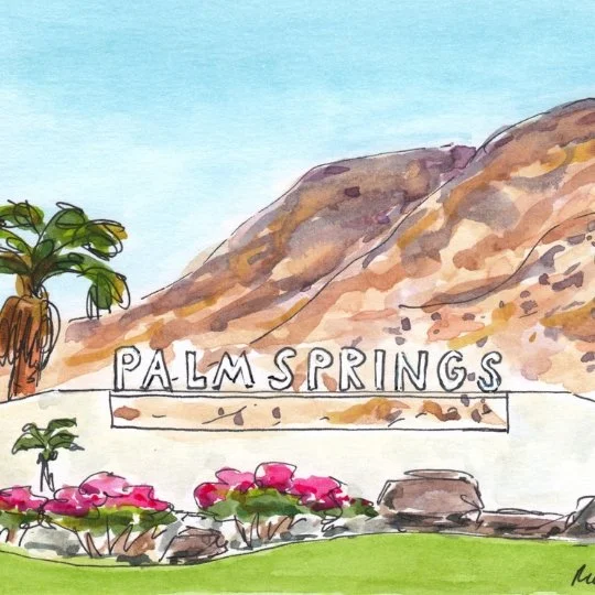 Hand-drawn illustration of Palm Springs with mountains in the background, palm trees, pink flowers, rocks, and a sign that says 'PALM SPRINGS'.