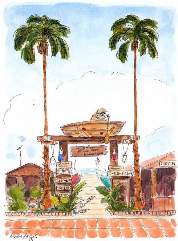 Colorful watercolor illustration of a fishing dock with a boat, two tall palm trees, and a sign that reads 'Fork Fishing Fleet Founded 1891.' There are various signs indicating the availability of prawns, fish, shrimp, and crab, along with plant decorations and a small brick building.