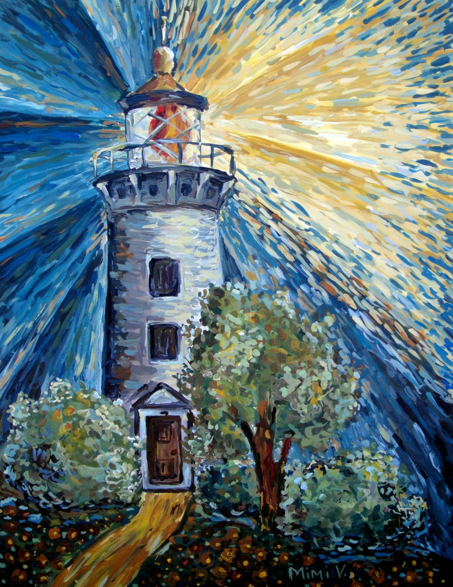 Painting of a lighthouse with a bright, colorful sky in the background. The lighthouse is white with a balcony at the top, and there's a path leading to the door. There are trees and bushes around the base of the lighthouse.