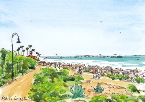 A watercolor painting of a beach scene with palm trees, a path, people riding bicycles, and the ocean with a pier in the distance.