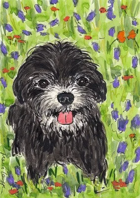 A watercolor painting of a small black and gray dog with a pink tongue, sitting in a field of purple and red flowers with green grass.