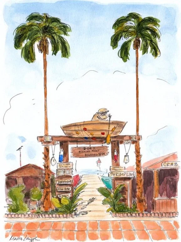 A watercolor drawing of a tropical seafood restaurant with a dock, two tall palm trees, and signs for crab, shrimp, and fish bar. The scene includes a small boat at the entrance with a person wearing a sun hat. The background shows a clear sky and the ground is paved with bricks.