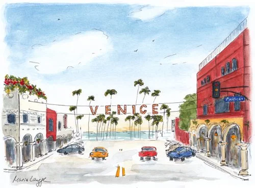 Colorful watercolor painting of Venice street scene with cars and palm trees, landmark sign "Venice" across the street, and buildings on both sides.
