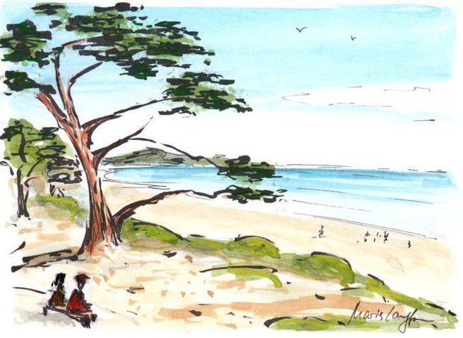 A watercolor painting of a beach scene with a large tree in the foreground, sandy shore, green rocks, calm water, and a few birds flying in the sky.