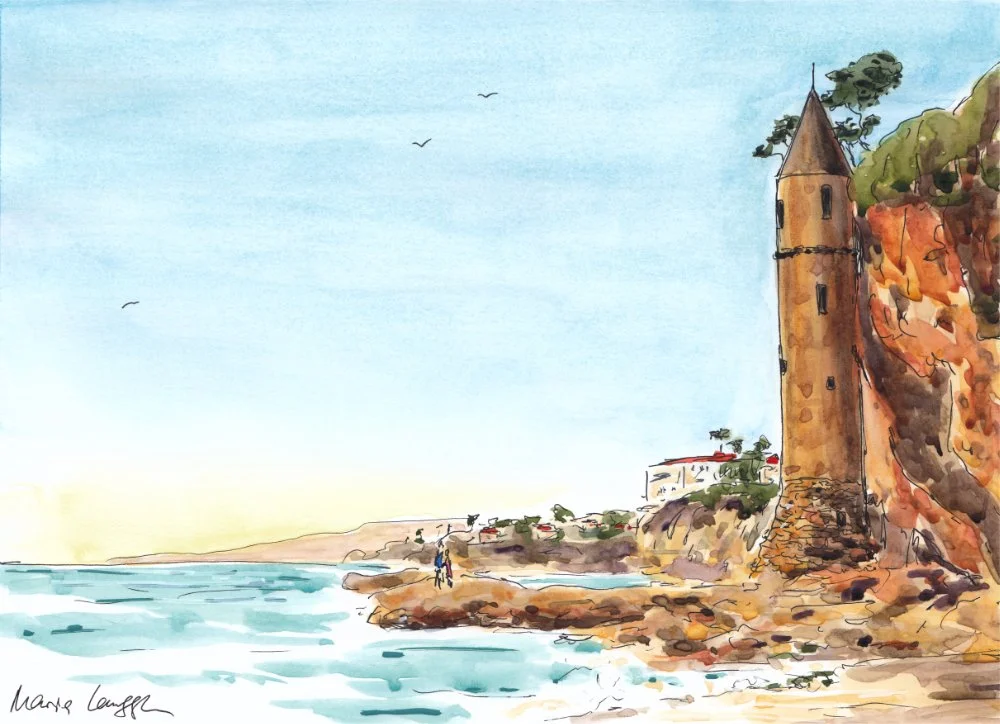 Watercolor painting of a seaside landscape with a tall, pointed tower on a rocky cliff, houses and trees in the background, and a person standing on the rocks near the water.