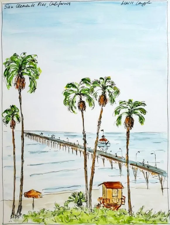 Colorful sketch of San Clemente Pier in California with palm trees, a small beach hut, and a boat on the water.
