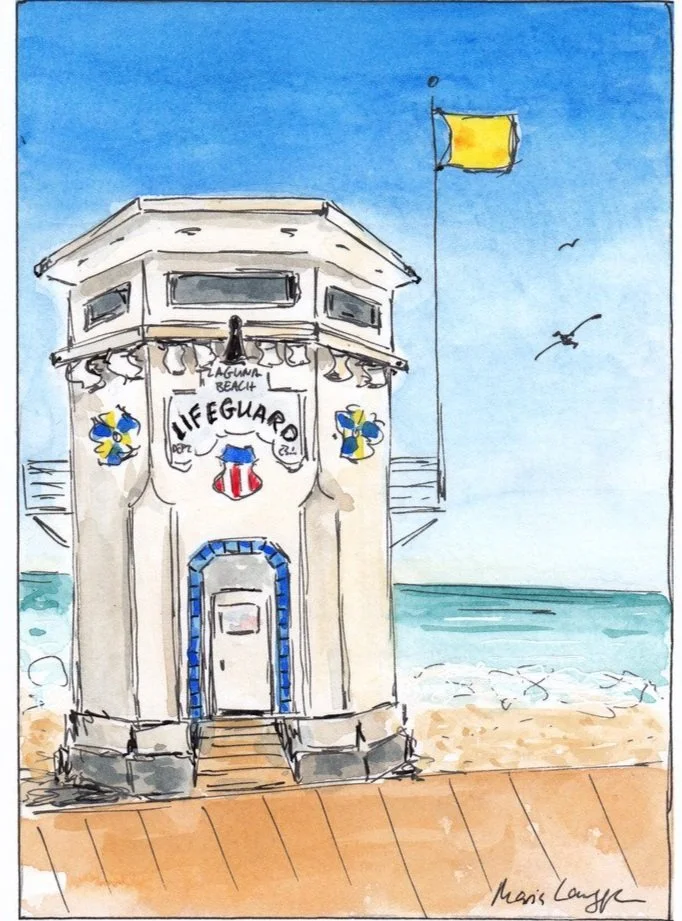 Watercolor painting of a lifeguard tower on a beach, with ocean and sky in the background, a yellow flag, and a sign that reads 'Lagun Beach Lifeguard' with beach-themed decorations.