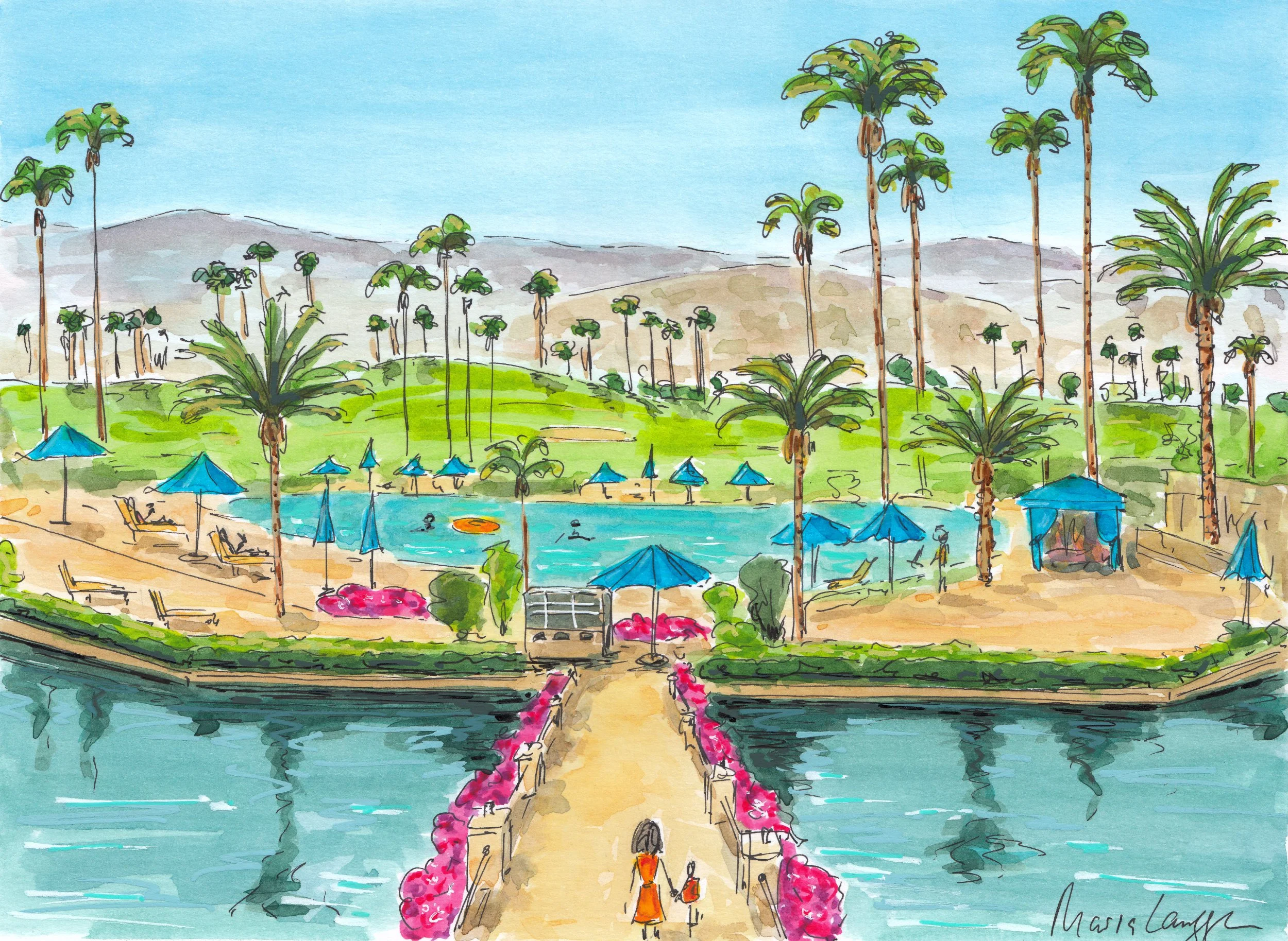 A colorful watercolor painting of a tropical resort with a central swimming pool surrounded by tall palm trees, umbrellas, and lounge chairs. In the foreground, a woman is walking along a bridge over water, holding hands with a child. The background features a mountain range and clear blue sky.