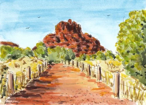 Watercolor painting of a dirt path with wooden posts and rope fencing, leading towards a rocky hill surrounded by green trees, under a blue sky with a few birds.