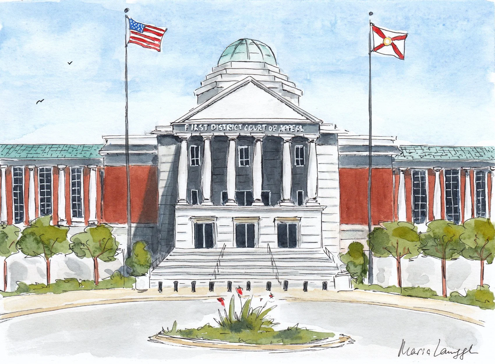 A watercolor painting of the First District Court of Appeal building. The building features a dome, columns, and steps at the entrance. Two American flags are flying on poles in front of the building, with a small round flower bed with red flowers in the foreground. Green trees surround the building.