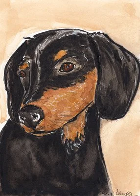Painting of a black and tan dog with floppy ears and expressive eyes.