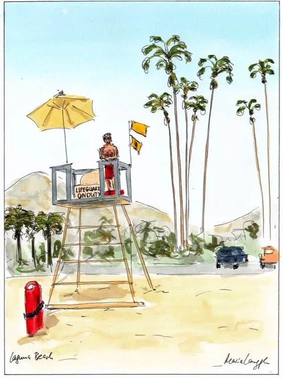 A watercolor sketch of a lifeguard tower at Laguna Beach with a lifeguard sitting inside, and a yellow umbrella. There are trees, hills, and cars in the background.