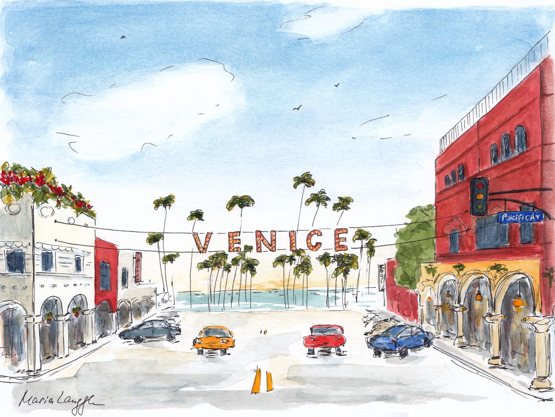 Watercolor illustration of Venice, California, street scene with cars, palm trees, buildings, and a large sign spelling 'VENICE' over the beach.