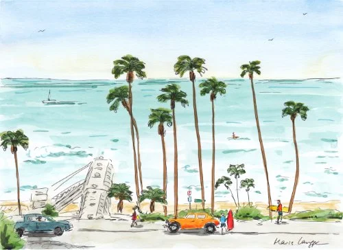 A watercolor painting of a beach scene with tall palm trees, the ocean in the background, and people walking along the sidewalk near parked cars.