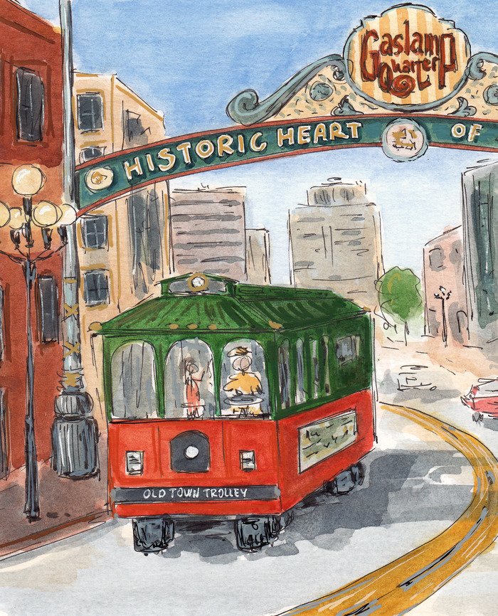Watercolor painting of a street scene in Gaskin Corner, with a vintage red and green trolley labeled 'Old Town Trolley' traveling along curved tracks under an archway overhead. The archway reads 'Historic Heart of' with a partially obscured sign attached to it. Buildings and a street lamp are visible in the background.