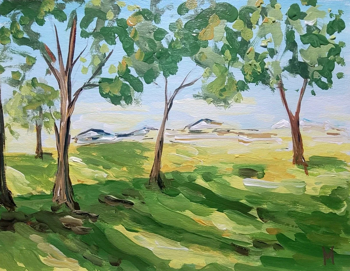 Painting of a landscape showing green trees, grassy foreground, and distant mountains under a cloudy sky.