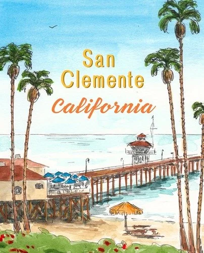 A watercolor painting of San Clemente, California, showing palm trees, a pier extending into the water, and a beach with umbrellas.