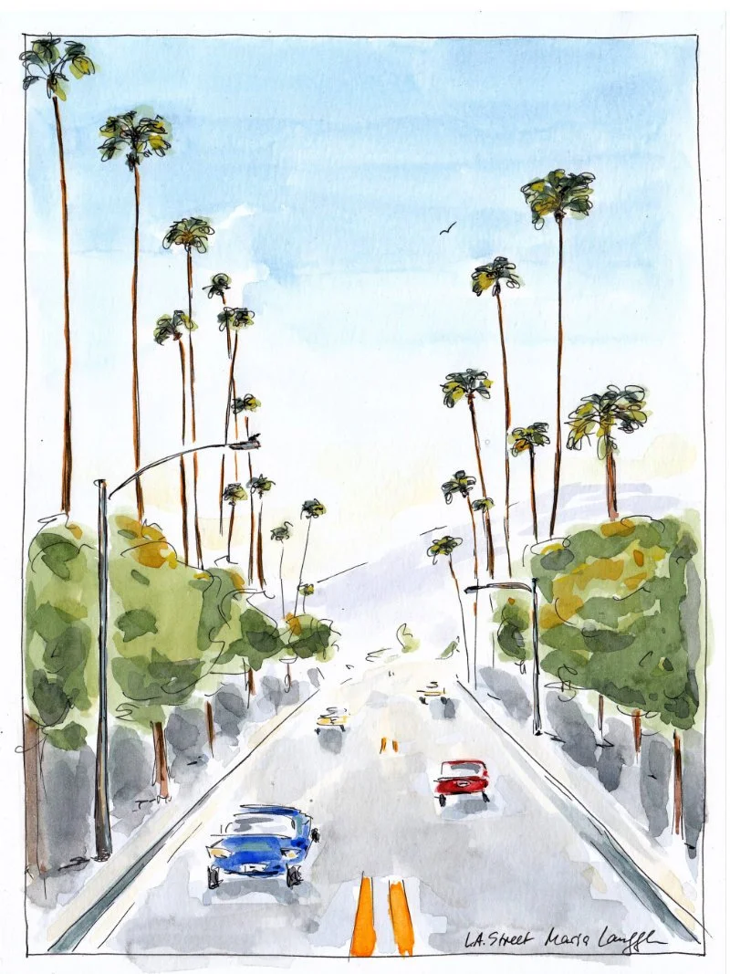 Watercolor painting of a street with palm trees on both sides, cars driving, and a clear blue sky overhead.