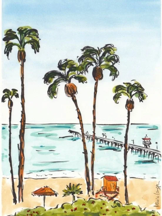 San Clemente pier. A painting of a beach scene with five tall palm trees, a pier extending into the ocean, and beach chairs with umbrellas.