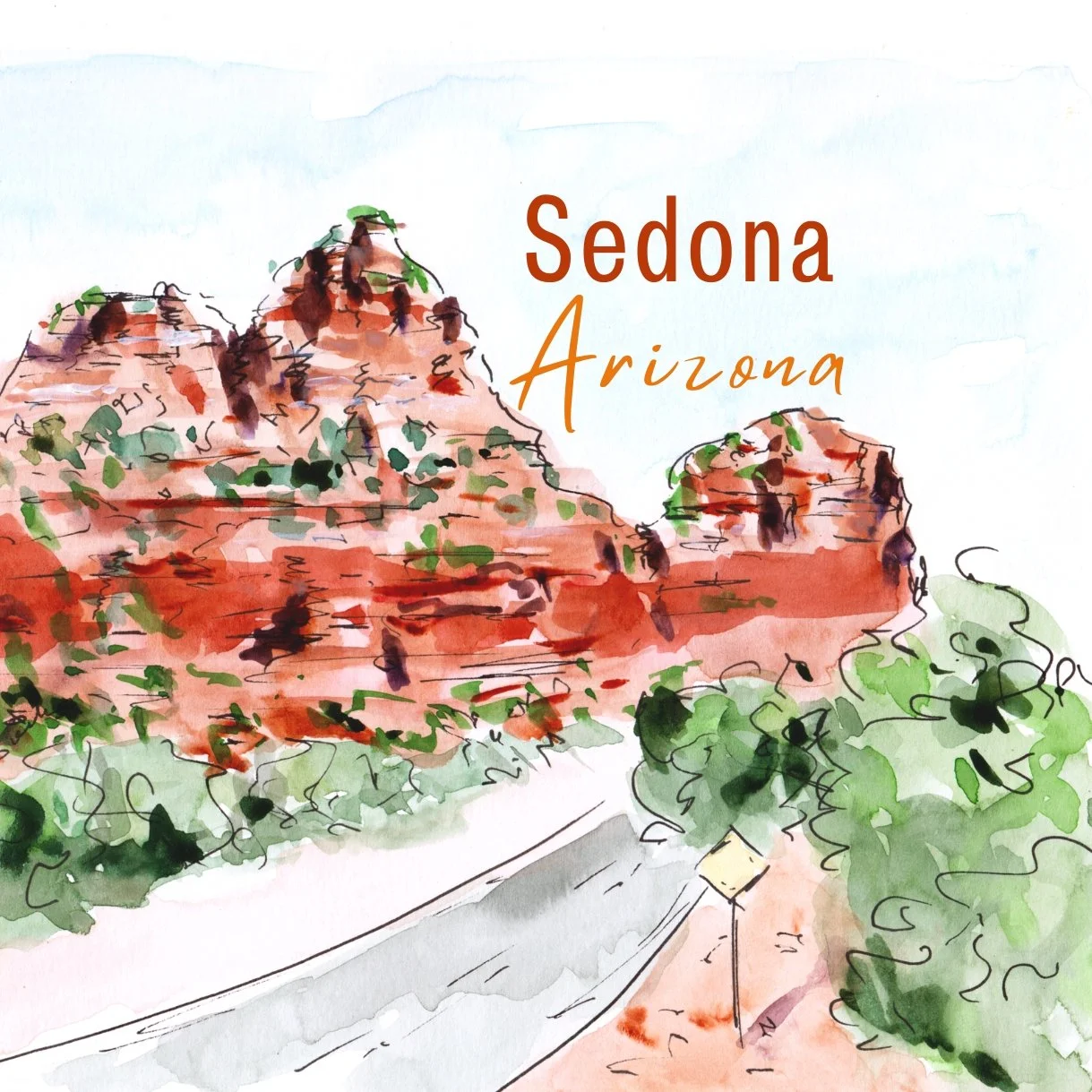 Watercolor illustration of a scenic mountain landscape with red rock formations and a winding road, labeled 'Sedona Arizona'.