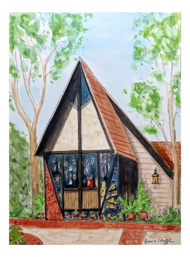 Colorful watercolor painting of a modern house with a steep red roof, large triangular glass window, surrounded by trees and plants, with a brick walkway in front.