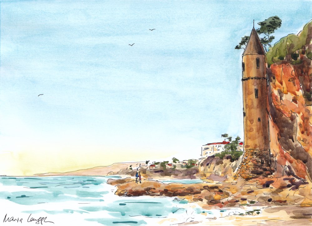 Watercolor painting of a seaside landscape featuring a tall stone tower on a rocky cliff, with a few houses and trees in the background, and a couple walking along the shoreline.