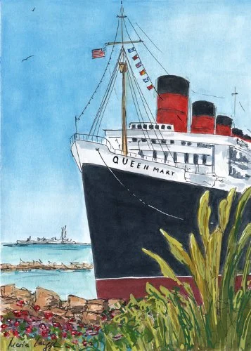 Painting of the Titanic ship named Queen Mary, docked near the shore with flowers and plants in the foreground, and a blue sky with a distant ship in the background.
