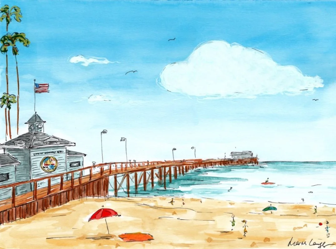 Waterfront scene with a pier extending into the ocean, a building with an American flag, sandy beach with umbrellas, and a clear blue sky with clouds.