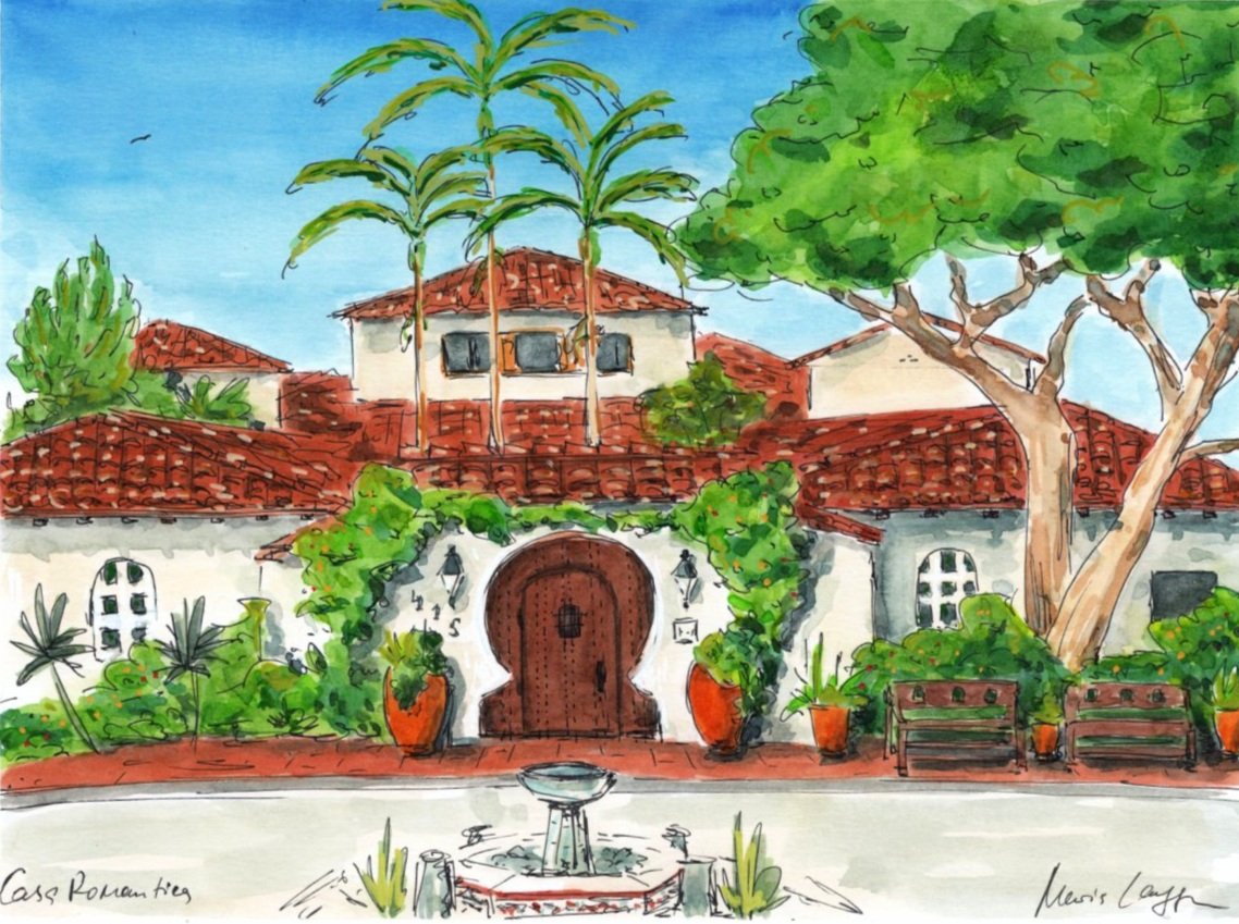 Casa Romantica, San Clemente. Watercolor painting of a Spanish-style house with a red tile roof, surrounded by lush green trees and plants, with a central arched wooden door, outdoor benches, and a small fountain in front.