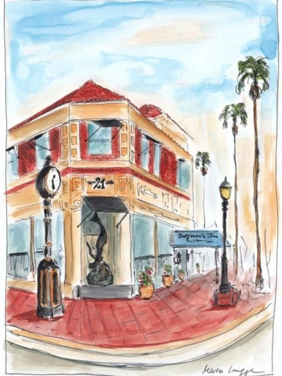 Watercolor painting of a street corner with a two-story building, a clock, street lamps, and tall palm trees.
