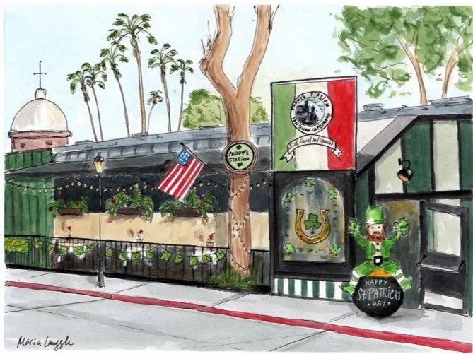 Colorful illustration of an outdoor Irish pub with St. Patrick's Day decorations, including a leprechaun figure, shamrocks, and green accents, with an American flag and signs.