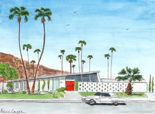 Painting of a mid-century modern house with a large glass window wall, surrounded by palm trees, with a car parked in front and a hillside in the background.