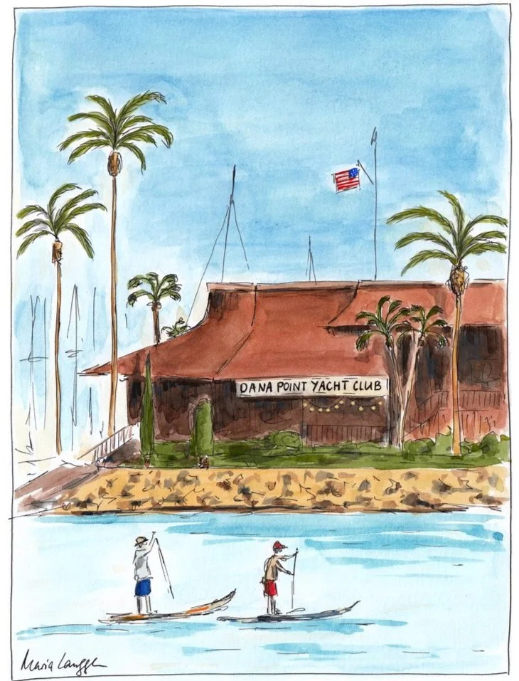 A watercolor illustration of Dana Point Yacht Club with a building, palm trees, and an American flag, overlooking a marina with two paddleboarders on the water.