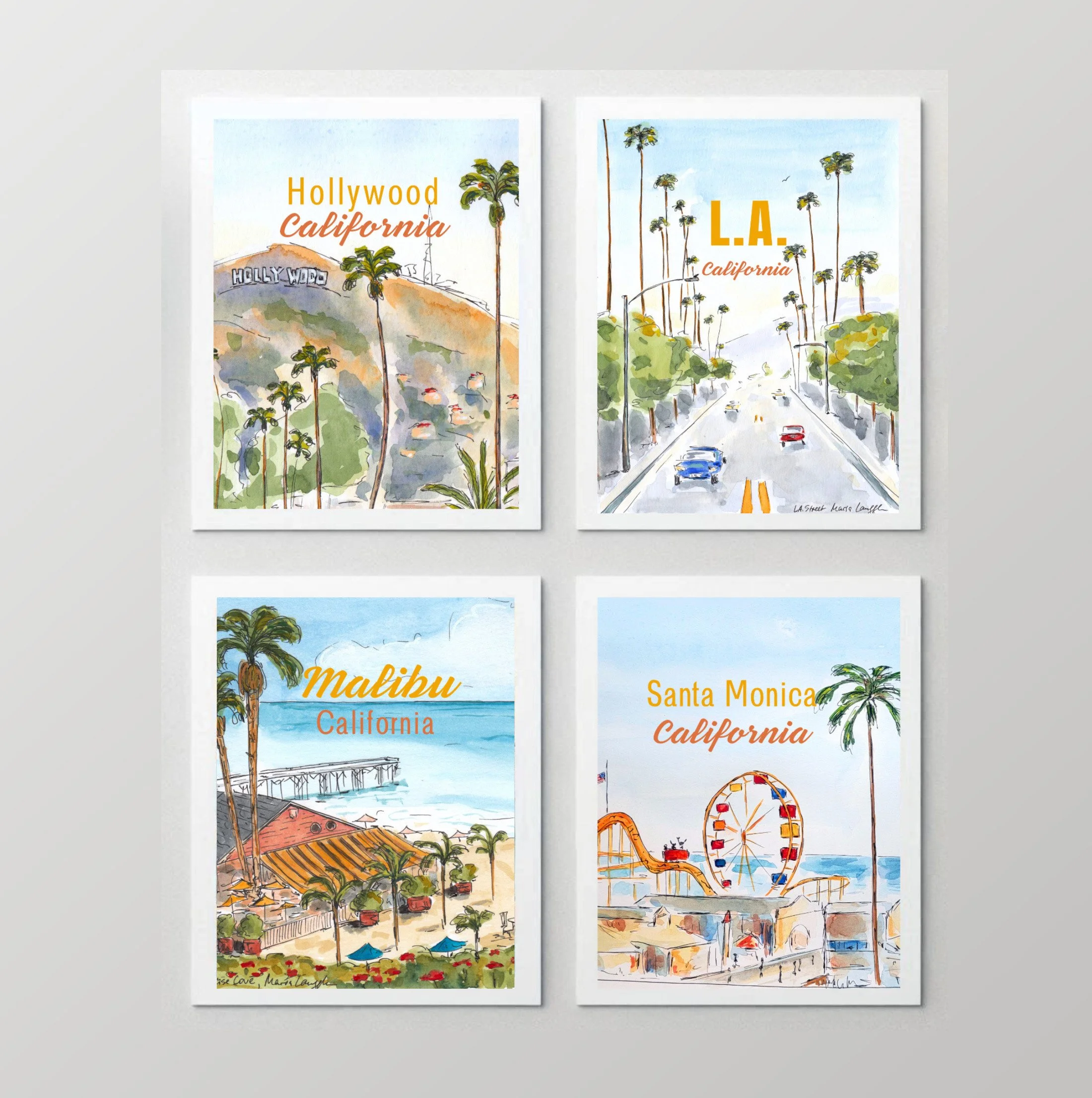 Four watercolor-style travel posters of California cities and attractions, featuring Hollywood, L.A., Malibu, and Santa Monica, with palm trees, beaches, a pier, and a roller coaster.