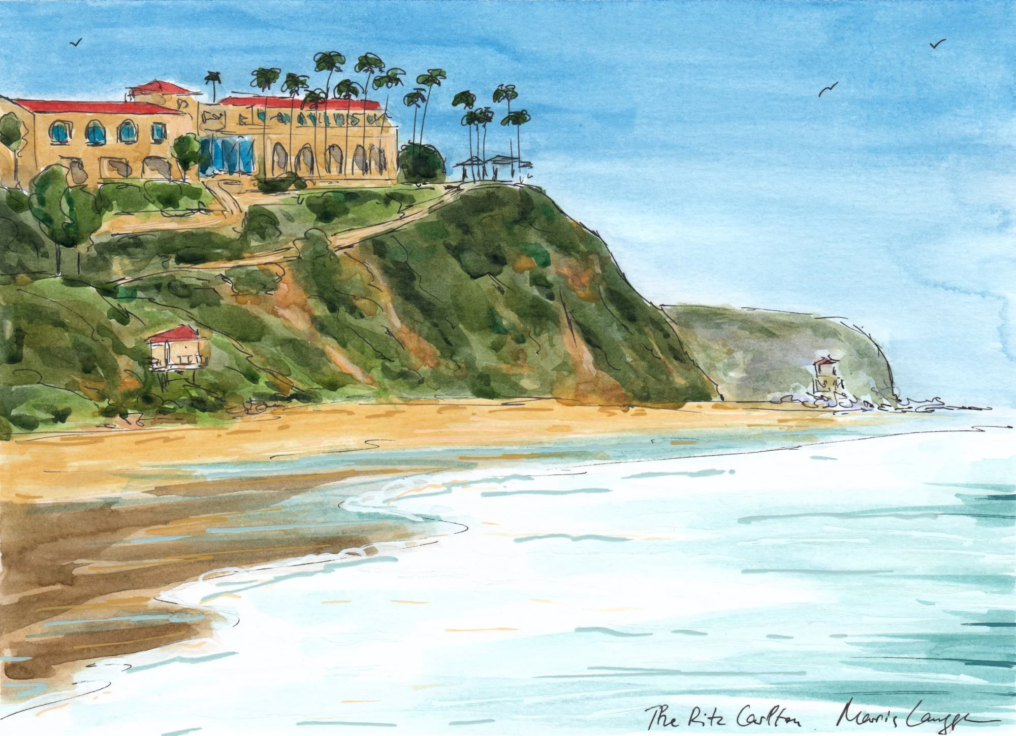 Watercolor painting of a coastal scene with cliffs, buildings, and palm trees on a hill, overlooking the ocean with small waves, under a clear blue sky with birds flying.