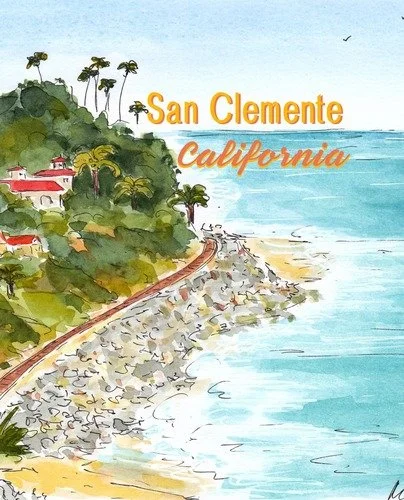 Watercolor illustration of a coastal scene in San Clemente, California, featuring a shoreline, hillside with trees and houses, and the ocean.