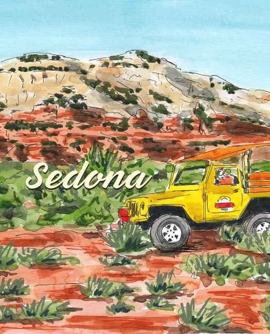 A watercolor landscape depicting Sedona with red rock formations, a yellow off-road vehicle, and green bushes.