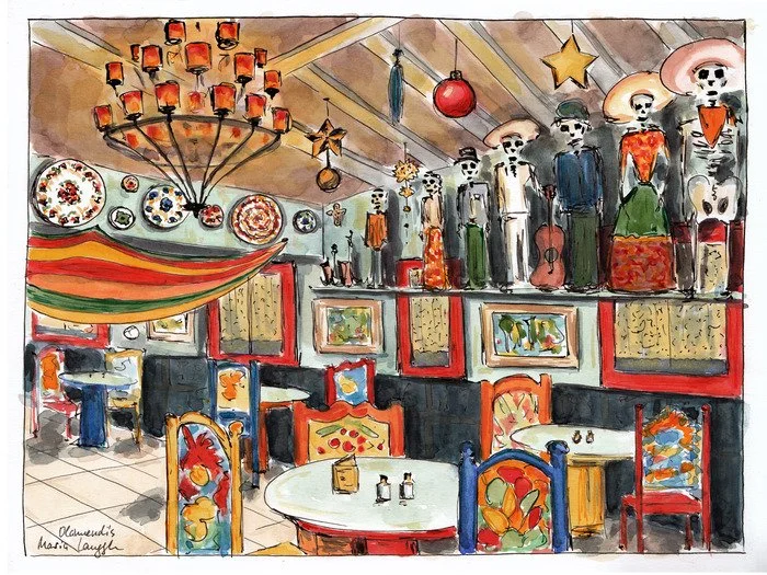 Colorful restaurant interior decorated with plates on the wall, a chandelier, paintings, and mannequins dressed in traditional clothing on a high shelf.