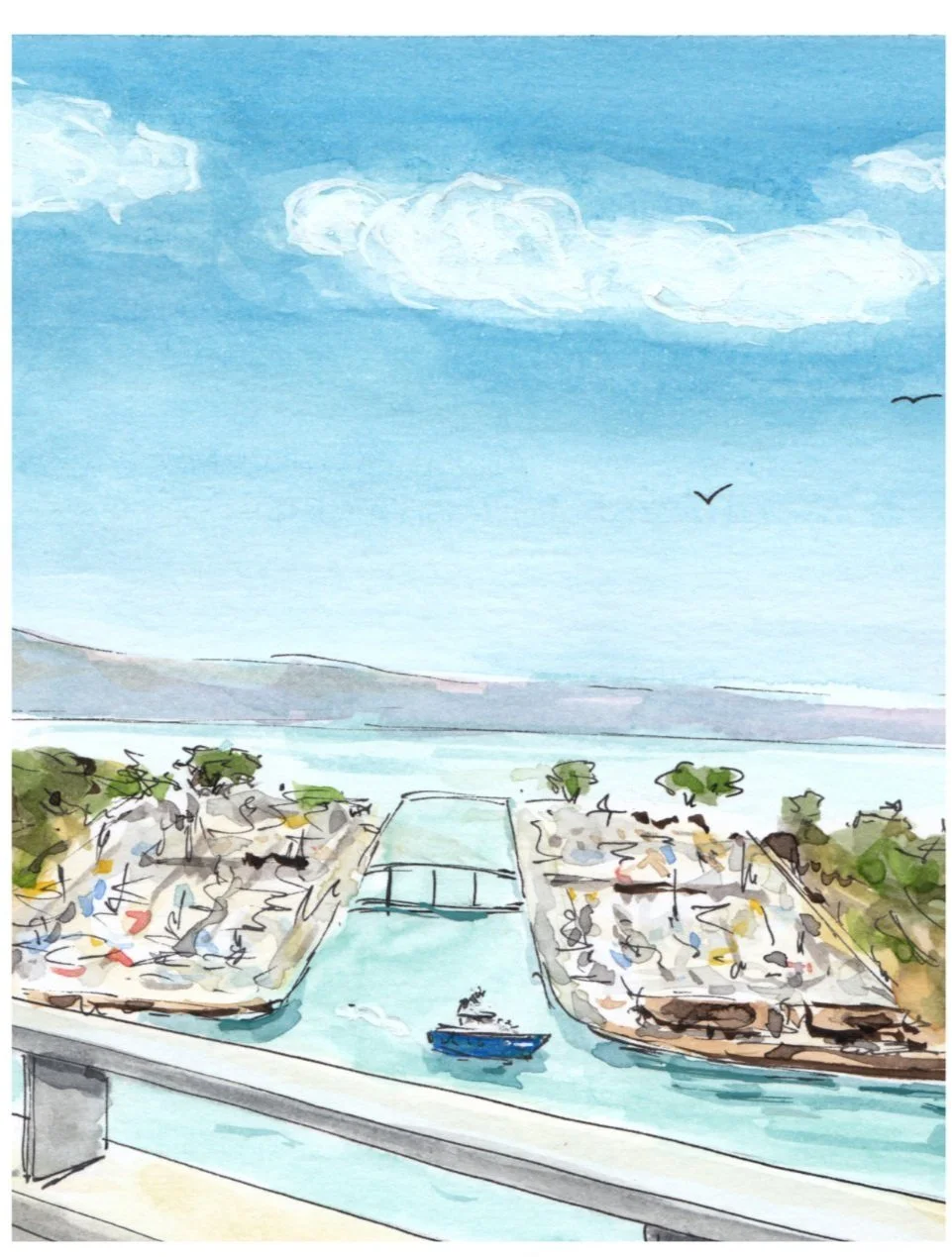A watercolor painting of a harbor with a boat, water channels, and two seafood or fish farms on either side, against a background of mountains, blue sky, clouds, and three birds flying.